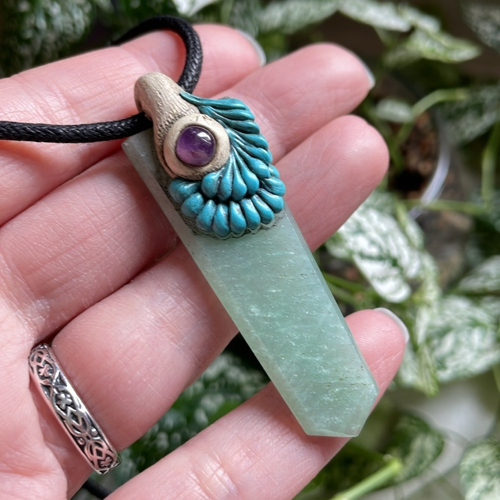 Green aventurine amethyst polymer clay crystal gemstone necklace pendant unisex
